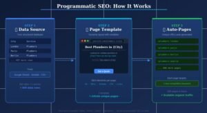 Programmatic SEO workflow showing data, template and auto-generated pages