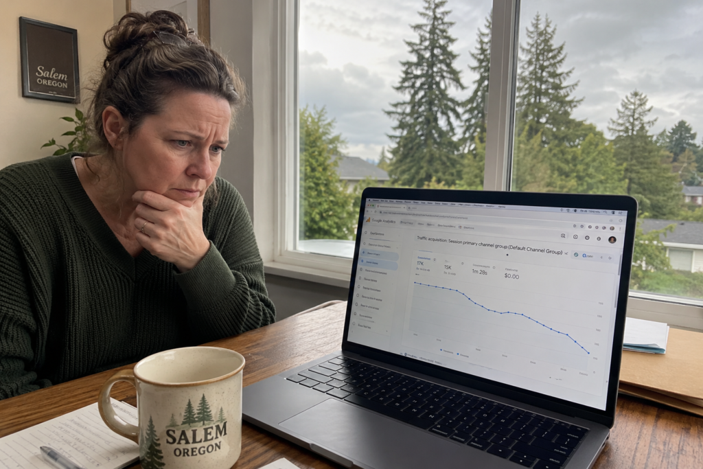 Salem Oregon business owner checking website ranking drop in Google Analytics on laptop