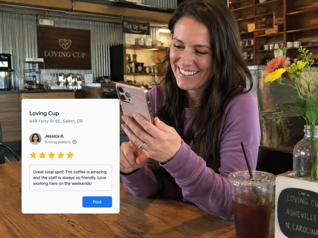 User-generated Content - Salem Oregon customer leaving a Google review on smartphone at local business