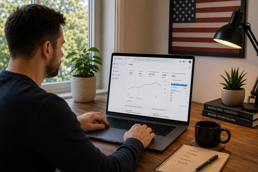 Salem Oregon digital marketer reviewing GA4 to track conversions on laptop