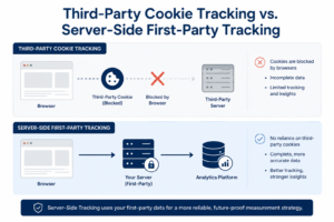Diagram comparing third-party cookie tracking vs server-side first-party conversion tracking