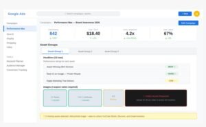 Google Ads Performance Max campaign showing asset groups for creative optimisation — screenshot